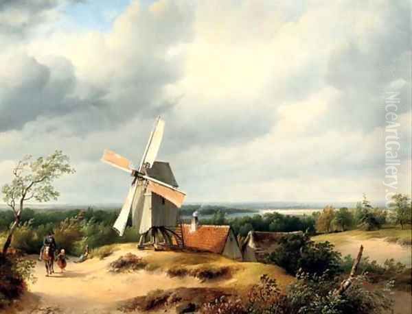 Travellers passing a mill in an extensive river landscape - view 1