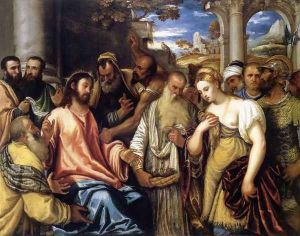 Christ and the Adulteress by Polidoro Lanzani (see Polidoro Da Lanciano)