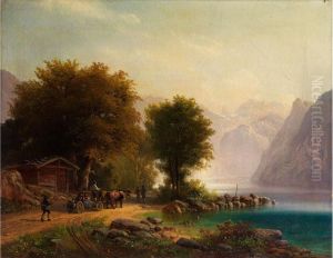 Alpenlandschaft Mit Bergsee Und Figurenstaffage