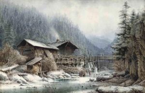 Figures On A Frozen River Before A Bavarian Chalet