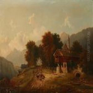 Southern German Autumn Landscape With Persons And Cattle On A Road