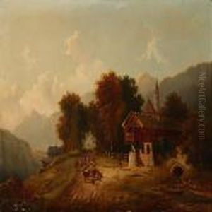 Southern German Autumn Landscape With Persons And Cattle Ona Road
