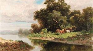 A herd of cattle by a river by Francesco Lojacono