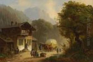Heuwagen Vor Einem Bauernhaus In Gebirgslandschaft