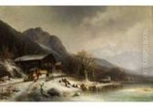 Bergige Winterlandschaft Mit Kindern Beim Rodeln