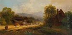 Viehtrieb In Einem Kleinen Dorf by Anton Doll