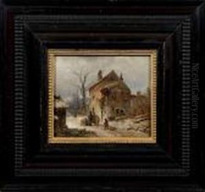 Winterlandschaft Mitfiguren Vor Einem Alten Haus