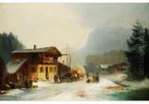 Gebirgsdorf Im Winter Mit Pferdefuhrwerk by Anton Doll