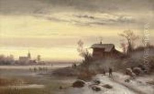 Skaters On A Frozen Lake At Dusk