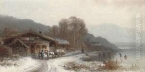 Children Skating By A Lakeside Chalet by Anton Doll