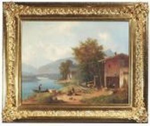 Summery Landscape At Lakeside. Oil/canvas, Signed And Inscribed