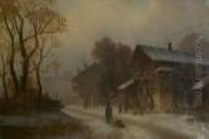 Verschneites Dorf Mit Figurenstaffage. Unten Links Signiert A. Doll, Munchen by Anton Doll