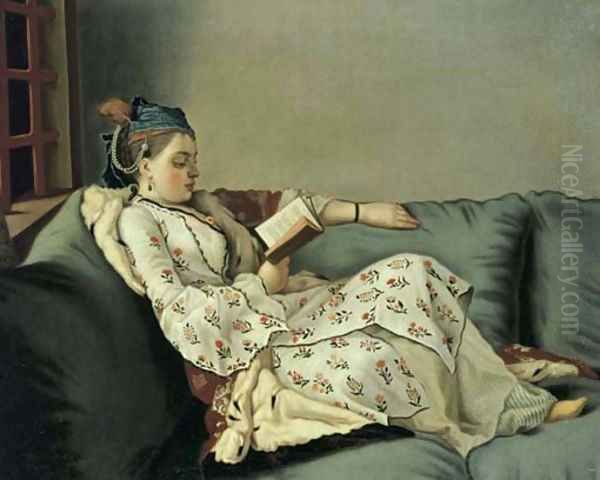 Lady in Turkish costume reading on a divan - view 1