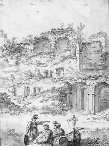 The ruins of a palace with Roman soldiers in the foreground The ruins of a palace with Roman soldiers in the foreground