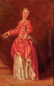 A lady in a red dress in an interior by Jean-Baptiste Le Prince