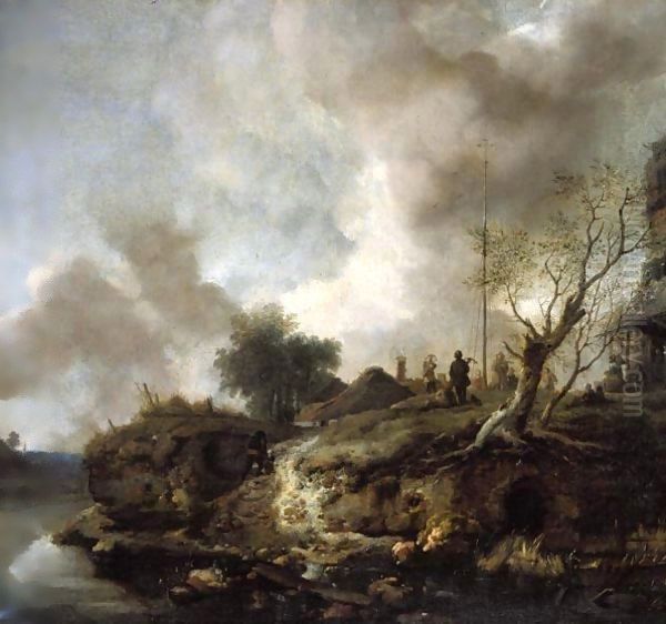 A river landscape with sportsman shooting at a popinjay on the bank - view 1