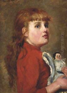 Young girl with her doll by Charles-Dominique-Oscar Lahalle