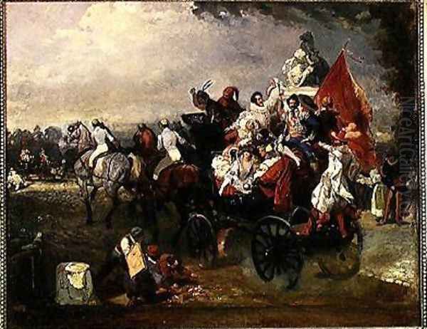 Carriage with Men and Women in Costume on the Champs Elysees - view 1