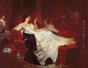 Woman on a red sofa by Eugene Louis Lami