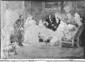 Alfred de Musset 1810-57 Eugene Delacroix 1798-1863 and Pierre Antoine Berryer 1790-1868 at a society evening by Eugene Louis Lami