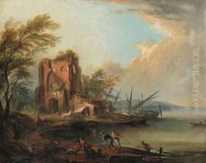 A coastal landscape with fishermen and beached boats by a farmhouse by Jean-Baptiste Lallemand