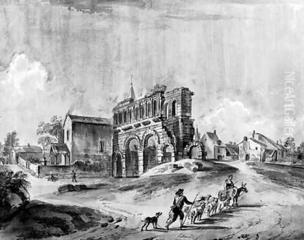 The ruins of a Roman gate outside a village with peasants and their flocks - view 1
