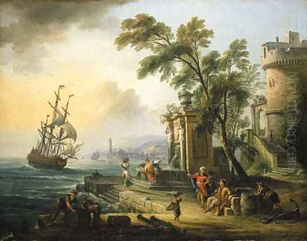 A capriccio of a Mediterranean port with oriental figures, a man-o-war at sea beyond - view 1