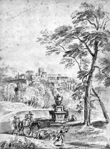 An extensive Italianate landscape with shepherds by a classical monument by Jean-Baptiste Lallemand
