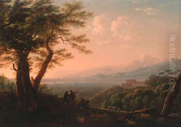 Artists conversing in an extensive Italianate landscape - view 1