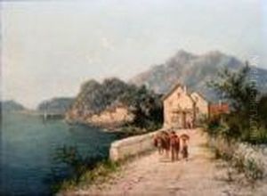 Italian Coastal Scene With Two Figures And Adonkey On A Path