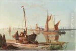 Fishing Boats Off Burgerdam Lighthouse On The Zuider Zee; Enshuisen On The Zuider Zee