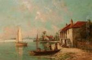 Italian Coastal Scene With Figures, Buildings And Fishing Boats by William Raymond Dommersen