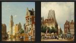A Market Scene In Rotterdam, The
Laurentius Church In The Background; A Canal Scene In Amsterdam, The
Munt Tower In The Background (a Pair) by William Raymond Dommersen