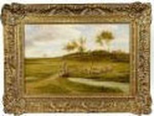 Figures Crossing A Bridge In A Field Of Sheep