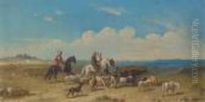 An Arab Herding Goats And Sheep Before A Mosque; And Arabs On Horseback Moving The Herd by William Raymond Dommersen