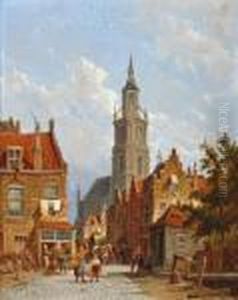 Figuren Op Straat Bij De Grote Kerk Van Breda by Pieter Cornelis Dommershuijzen