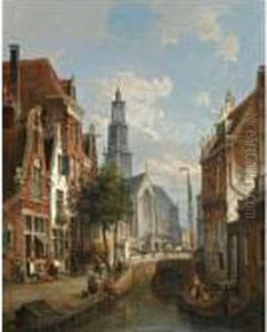 Figures In The Streets Along A Canal In Amsterdam, The Westerkerk In The Background by Pieter Cornelis Dommershuijzen
