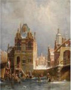 Figures On The Ice In A Wintry Dutch Town