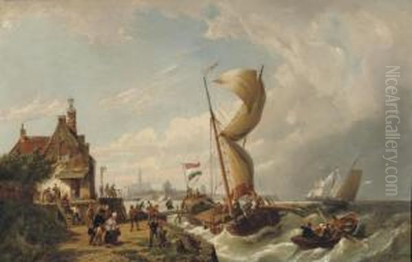Passengers Boarding A Ferry At The Goeser Veerhuis With The Church Of Goes Beyond - view 1