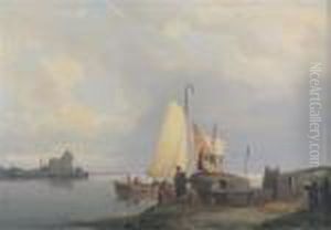 Figures By A Barge On An Estuary by Pieter Cornelis Dommershuijzen