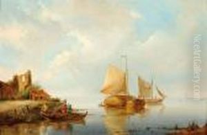 Ships And Figures In A Flat-boat On A Calm Estuary