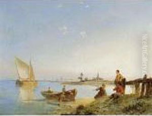 Fisherfolk On The Shore On A Sunny Day by Pieter Cornelis Dommershuijzen