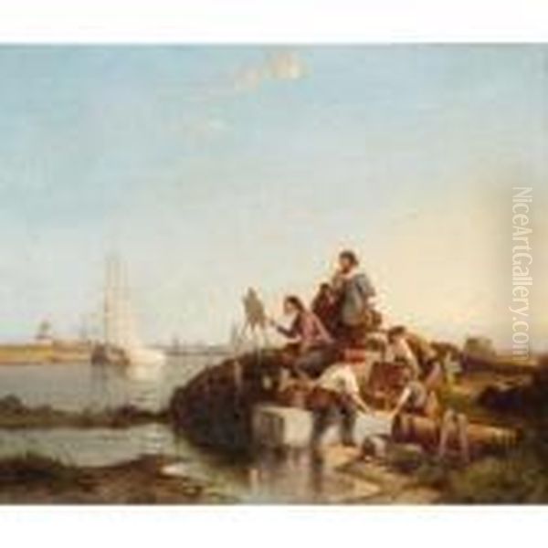 Artist And Companions Beside An Estuary - view 1