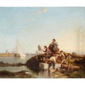 Artist And Companions Beside An Estuary