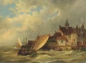A Sailing Boat Entering A Dutch Harbour by Pieter Cornelis Dommershuijzen