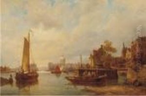 Figures In A Rowing Boat On A River Near A Dutch Town