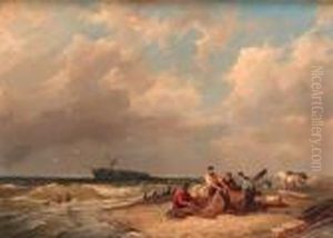 Beachcombers On Shore With A Capsized Ship In The Distance Beachcombers On Shore With A Capsized Ship In The Distance