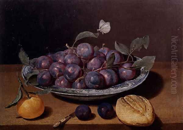 Still Life Of A Plate Of Plums And A Loaf Of Bread - view 1