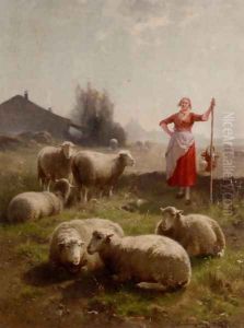 A Shepherdess And Her Flock by Cornelis van Leemputten