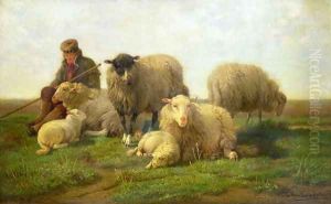 A Shepherd with Sheep and Lambs by Cornelis van Leemputten